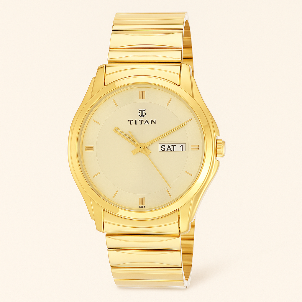 STYLISH TITAN ANALOG WATCH WITH DAY & DATE - GOLDEN
